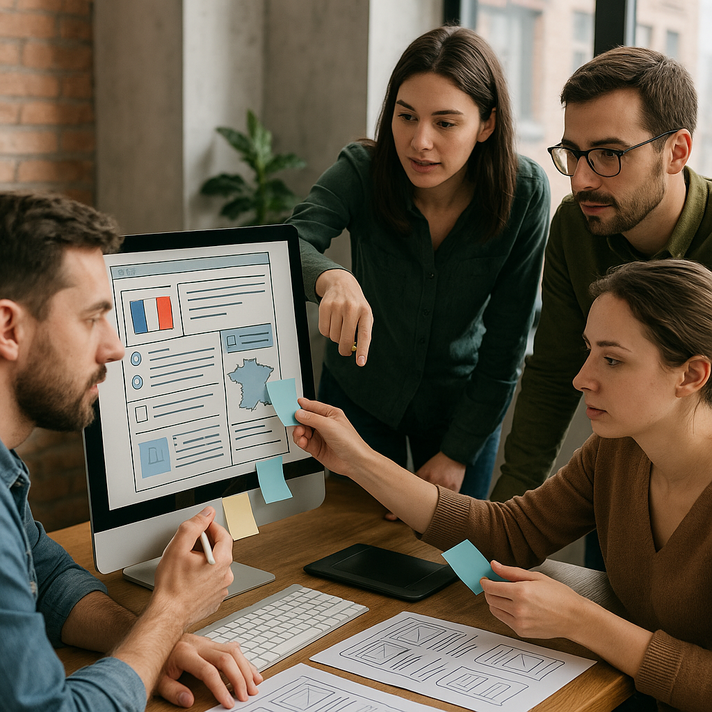 Description détaillée de concepteurs web finalisant des éléments de design adaptés aux utilisateurs français