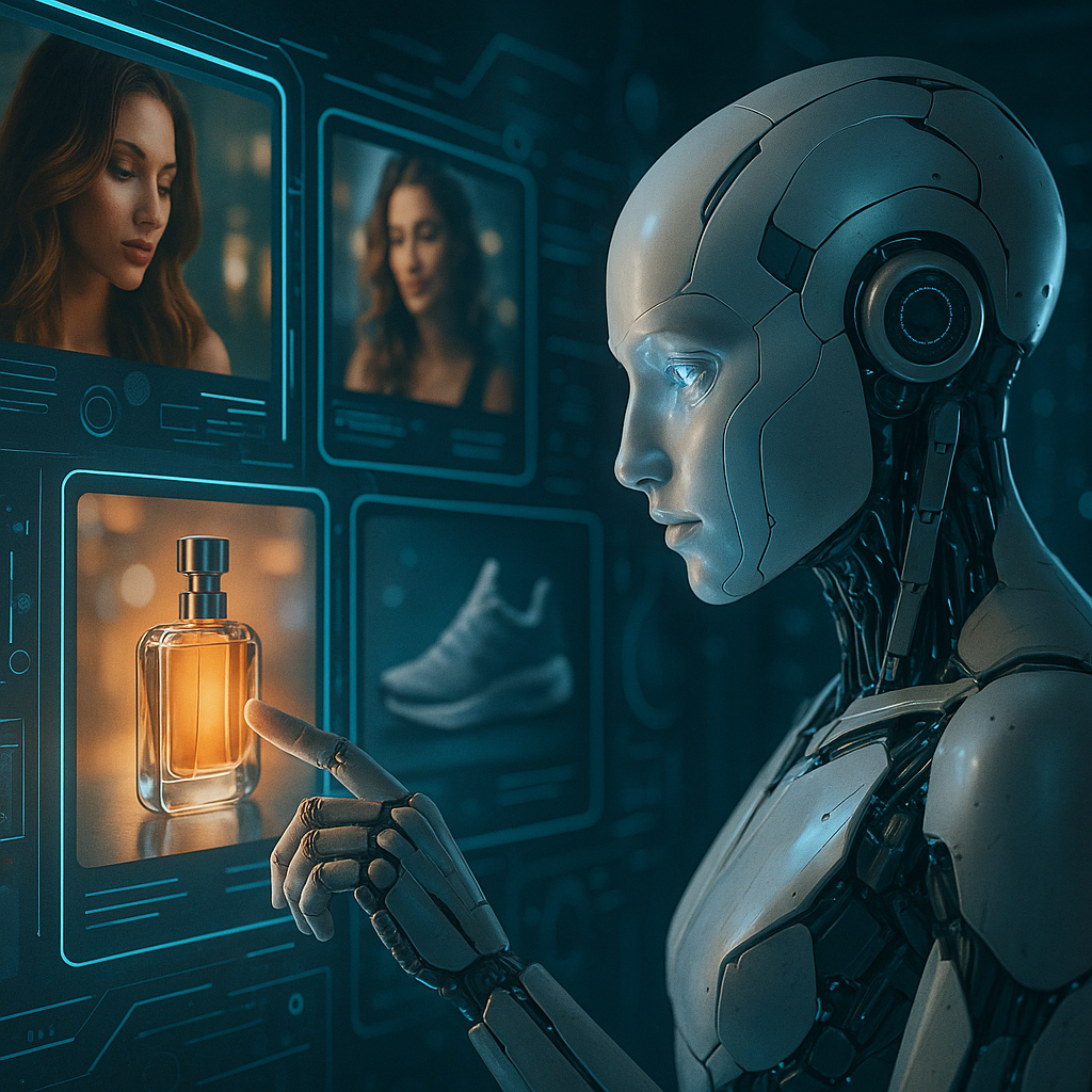 Merveilleuse illustration futuriste montrant l'interaction de l'intelligence artificielle avec les campagnes publicitaires.