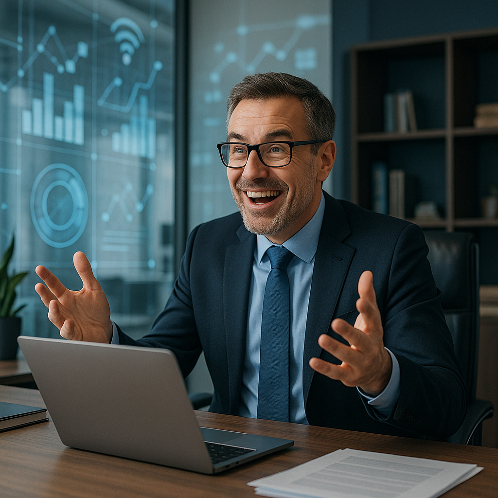 Portrait d'un chef d'entreprise dans son bureau, enthousiaste par les possibilités offertes par la transformation numérique.