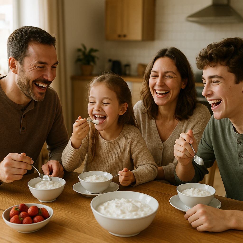 Groupe familial savourant un repas avec du fromage blanc à table, avec rires et échanges