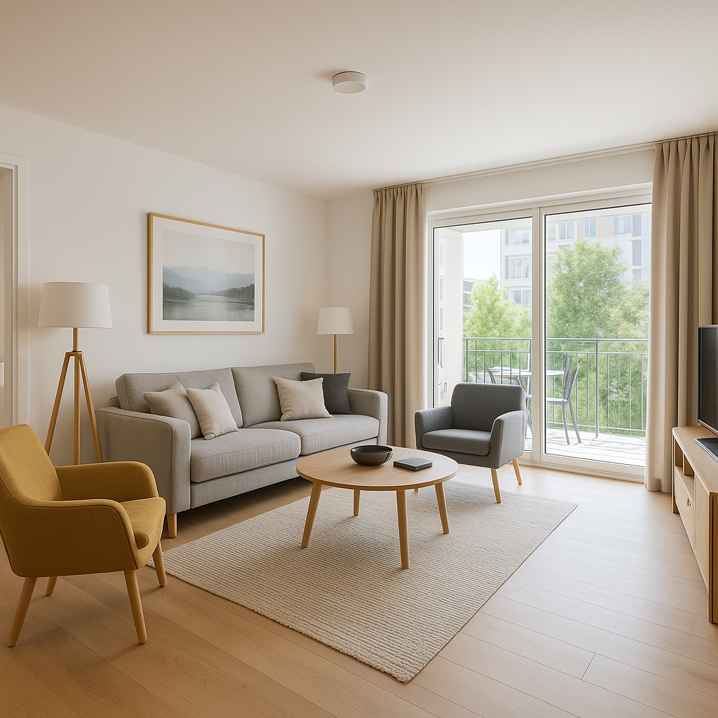 Vue intérieure d'un salon spacieux et lumineux d'un meublé de tourisme moderne, avec un mobilier élégant et des équipements modernes pour accueillir confortablement des familles ou groupes de touristes.