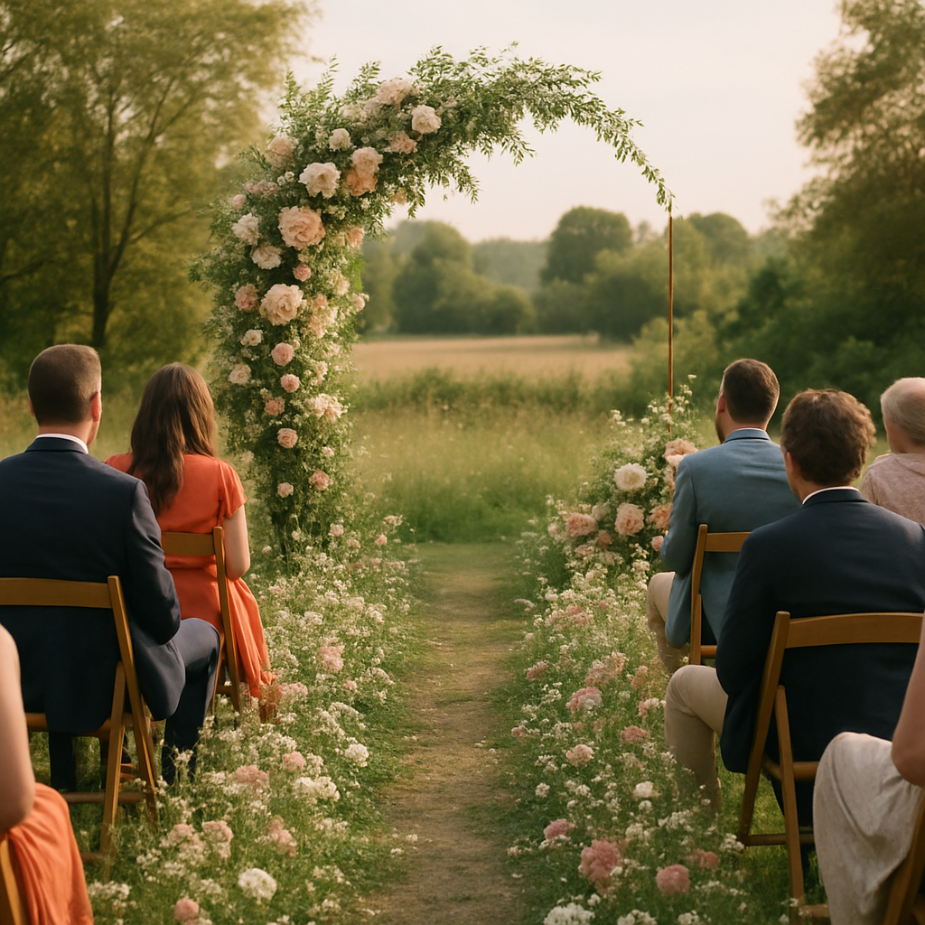 Arche florale asymétrique en extérieur, allée en prairie fleurie au sol, invités qui s’installent, lumière douce de fin d’après-midi, ambiance réaliste de mariage près de Nantes.