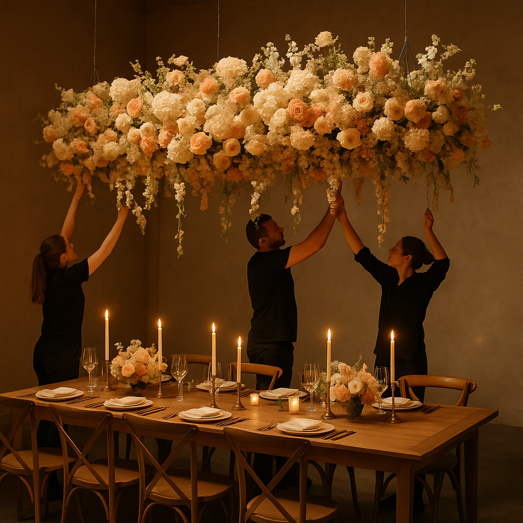Installation suspendue en nuage floral au-dessus d’une table de cérémonie, structures discrètes, fleurs retombantes, lumière chaude, équipe en train d’ajuster les fixations avant l’arrivée des invités.