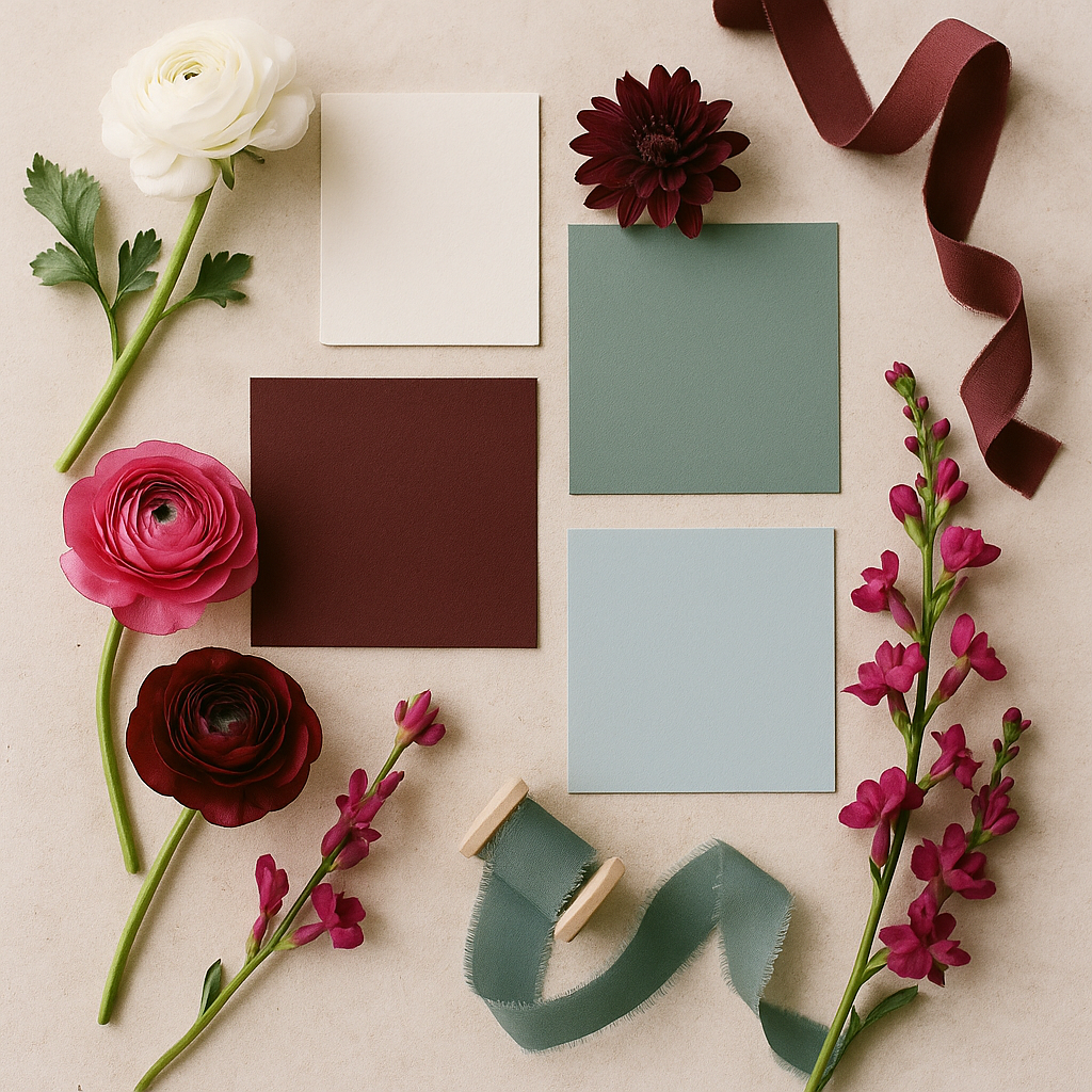 Moodboard palettes 2026, échantillons papier et rubans, fleurs fraîches assorties, table d’atelier, lumière naturelle, couleurs blanc nuage, bordeaux prune, sauge teal, bleu pastel, touches fuchsia.