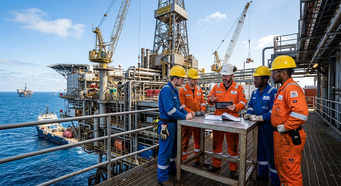 Plateforme pétrolière en activité avec équipe équipée de casques et combinaisons, briefing technique près des installations, structures métalliques, ambiance industrielle réelle, ciel dégagé