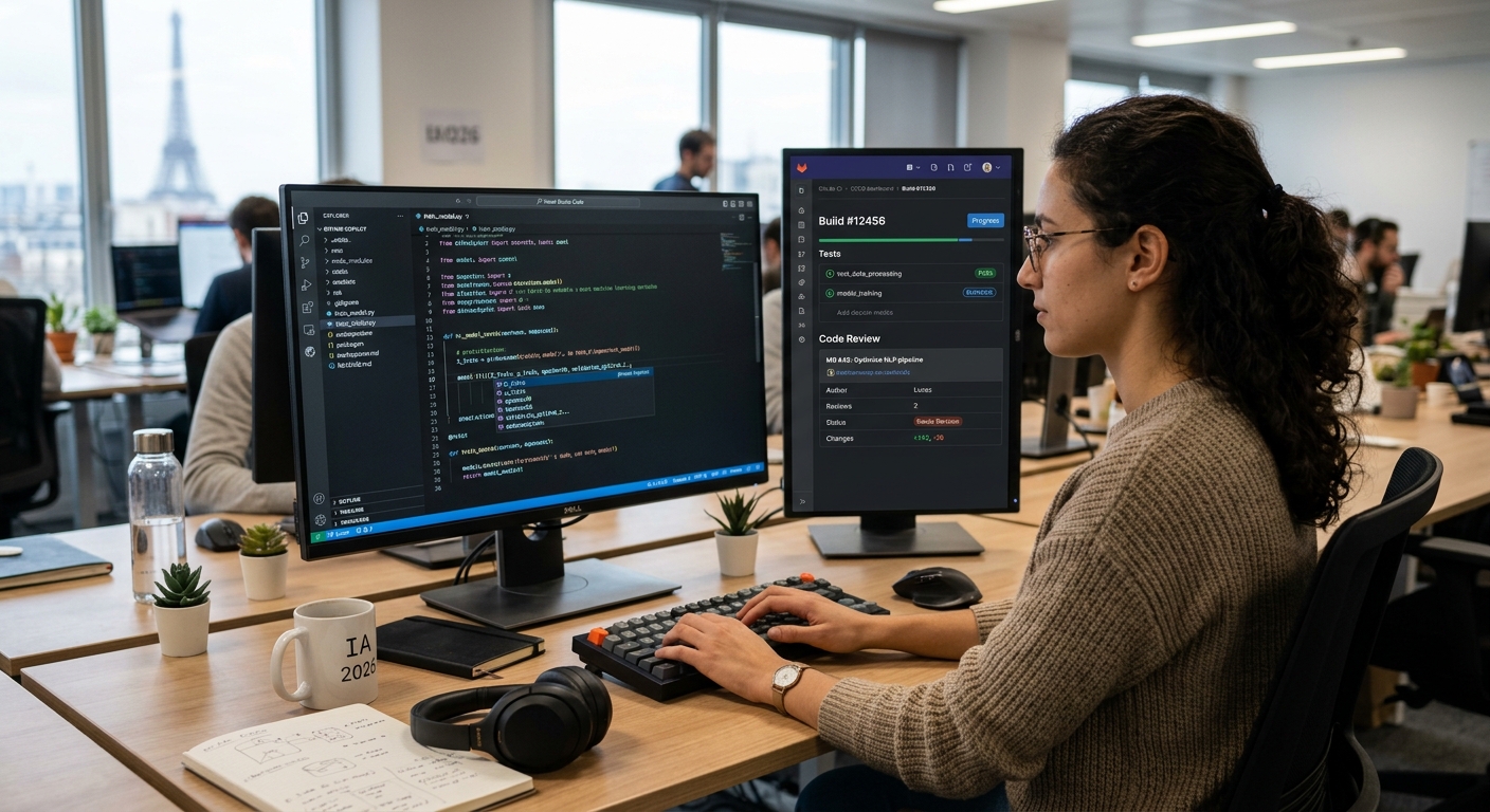Développeur utilisant un assistant IA dans un éditeur de code avec tests et revue automatisée