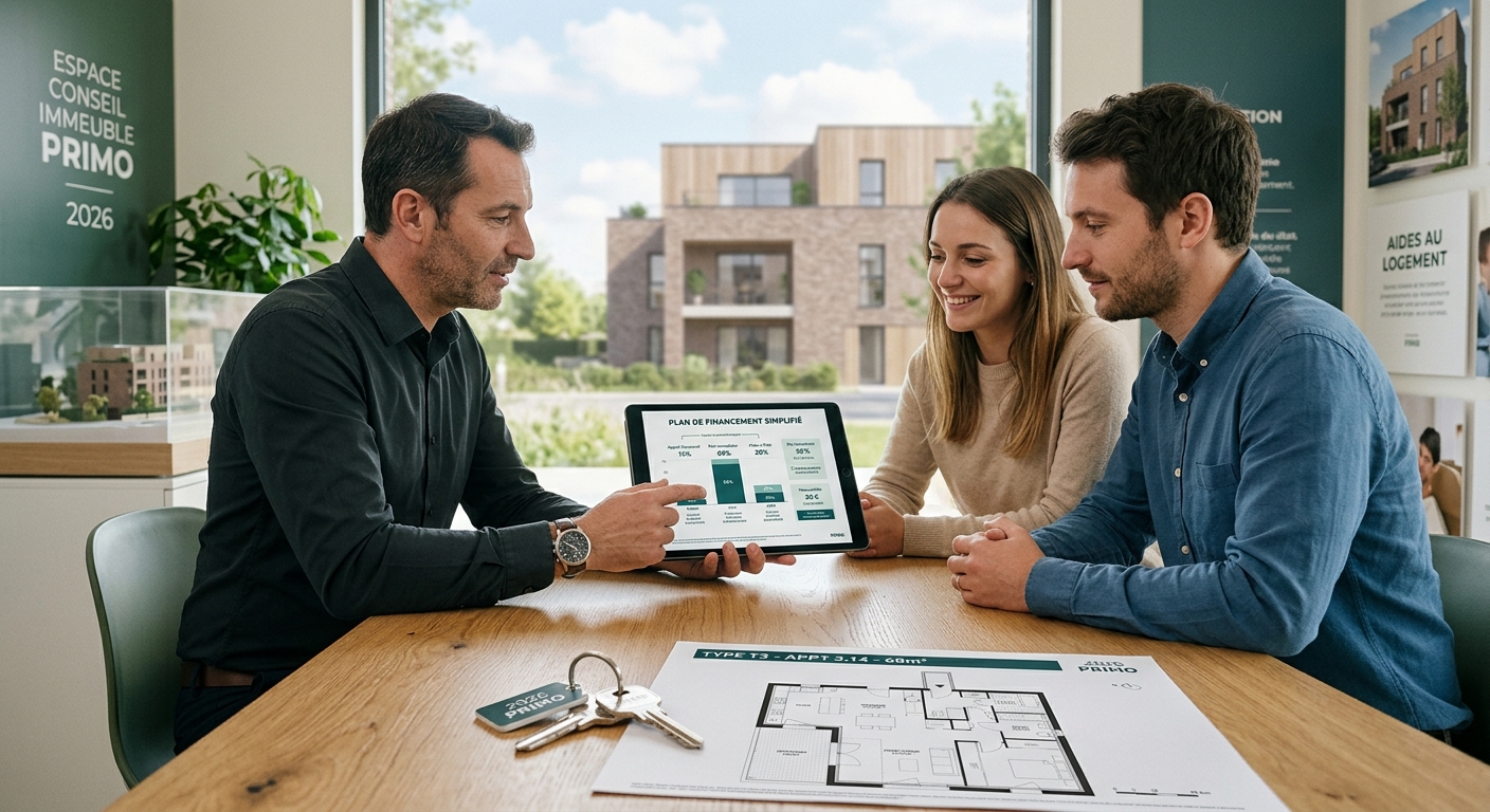 Conseiller présentant les options de financement d’un achat immobilier neuf à un couple.