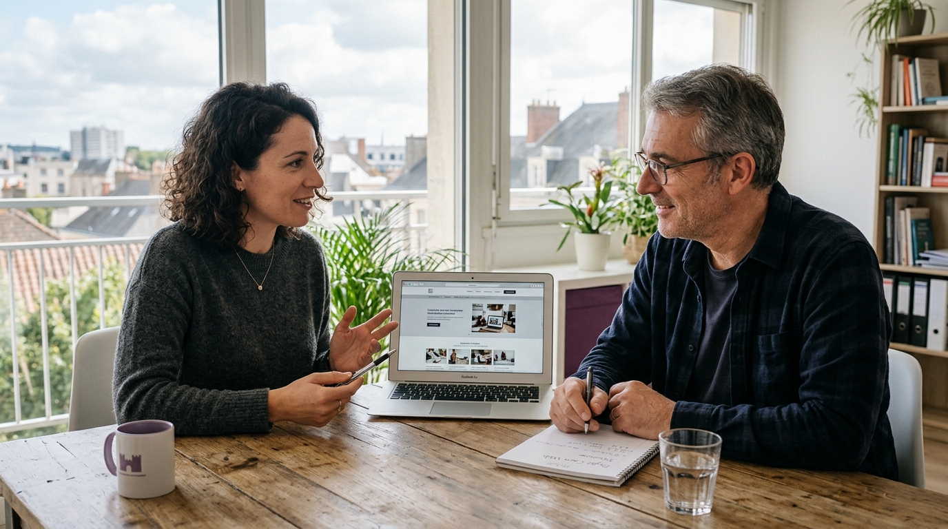 Conseillère digitale échangeant avec un dirigeant autour d’une maquette de site internet