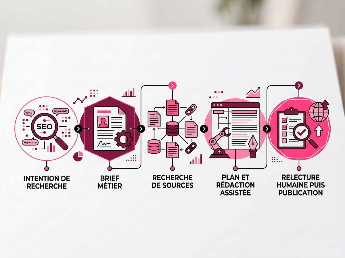 Infographie éditoriale en cinq étapes pour créer un article SEO avec assistance IA : brief métier et intention de recherche, collecte des sources, plan sémantique, rédaction assistée, validation humaine et publication.