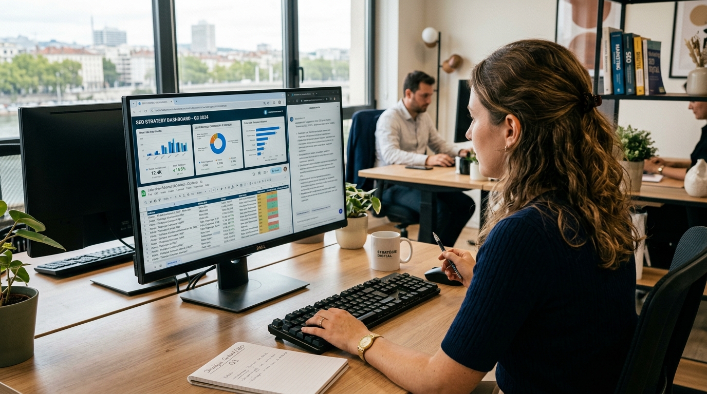 Responsable marketing d’une PME préparant une stratégie éditoriale SEO assistée par IA, devant un écran et des documents de travail