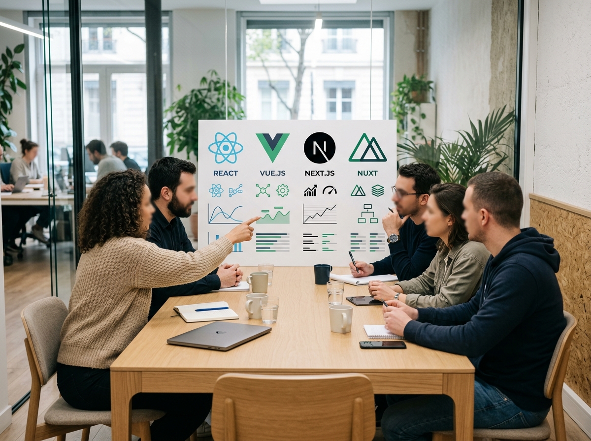 Réunion de décision technique entre membres d’une équipe de développement autour d’un tableau comparatif, dans une agence digitale contemporaine