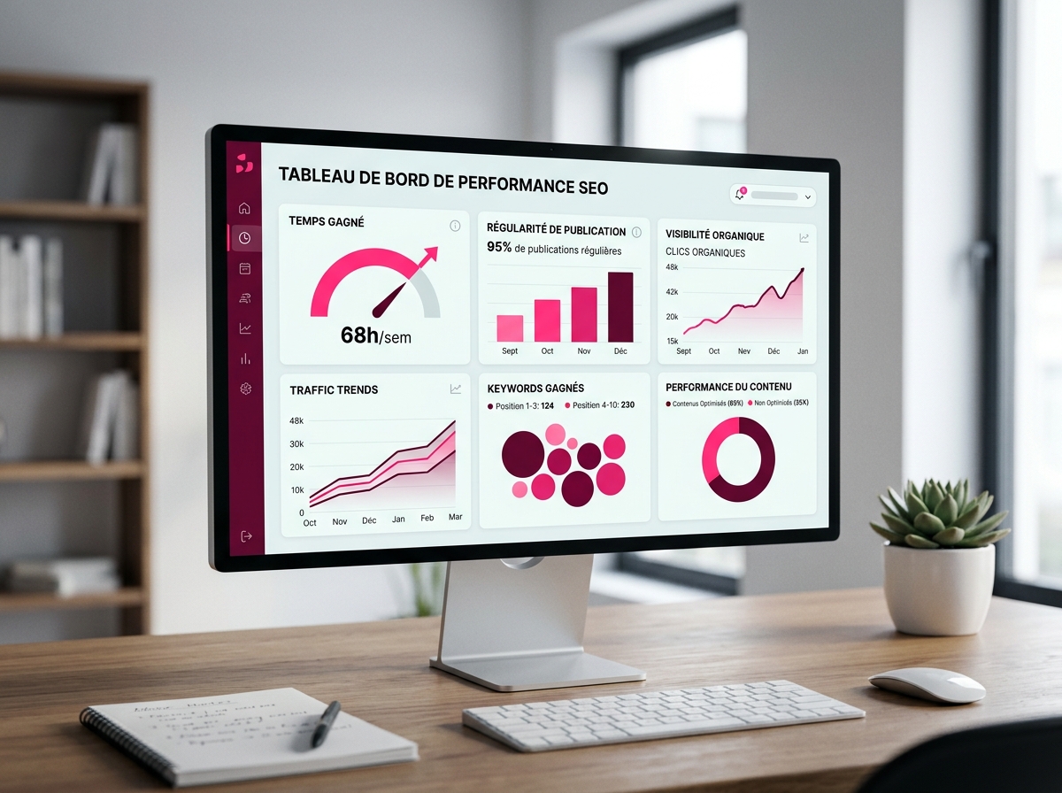 Tableau de bord SEO abstrait sur un écran de bureau, avec graphiques de régularité éditoriale, visibilité organique et suivi de performance
